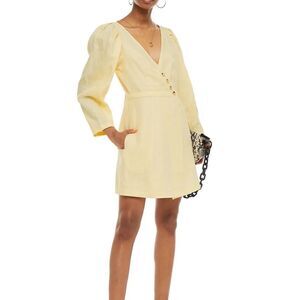 BAUM UND PFERDGARTEN Abrial linen mini wrap dress in pastel yellow MSRP $279 NEW